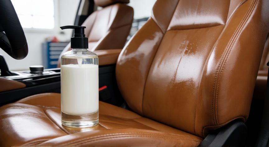 mejor producto para limpiar asientos de cuero coche, Crema hidratante para cuero junto a un asiento de coche impecable y brillante