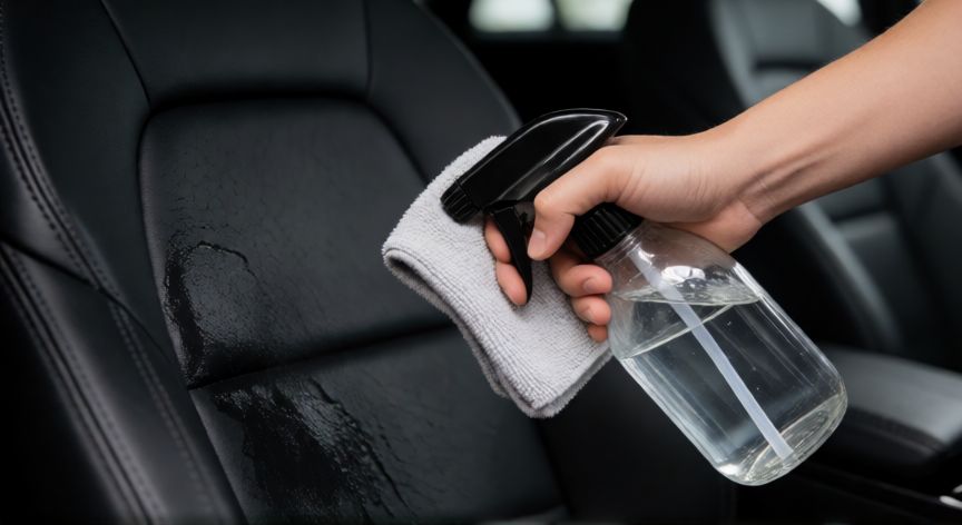 mejor producto para limpiar asientos de piel, Mano aplicando limpiador de cuero con toalla de microfibra en asiento de coche