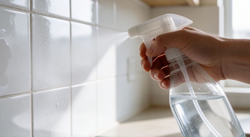mejor producto para limpiar azulejos, Mano aplicando limpiador en azulejos de cocina
