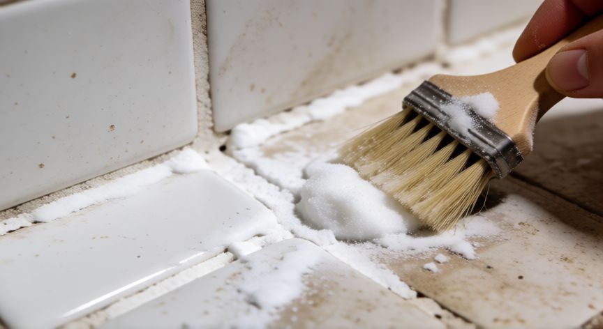 mejor producto para limpiar azulejos, Cepillando las juntas de azulejos con bicarbonato