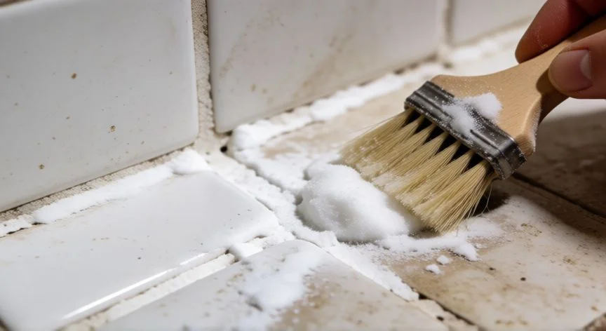 mejor producto para limpiar azulejos, Cepillando las juntas de azulejos con bicarbonato