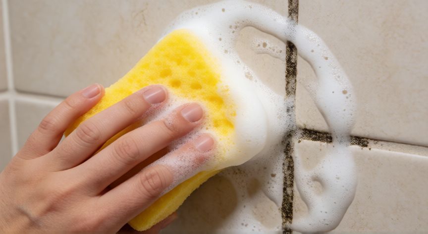 mejor producto para limpiar azulejos baño, Aplicando limpiador espumoso en las juntas de los azulejos