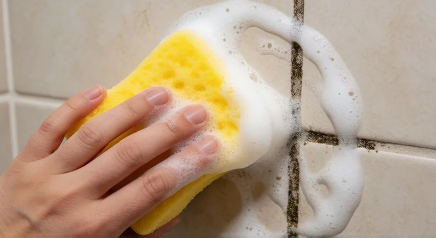mejor producto para limpiar azulejos baño, Aplicando limpiador espumoso en las juntas de los azulejos