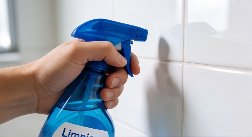 mejor producto para limpiar azulejos baño mercadona, Botella de limpiador Limpiam de Mercadona frente a azulejos de baño blancos