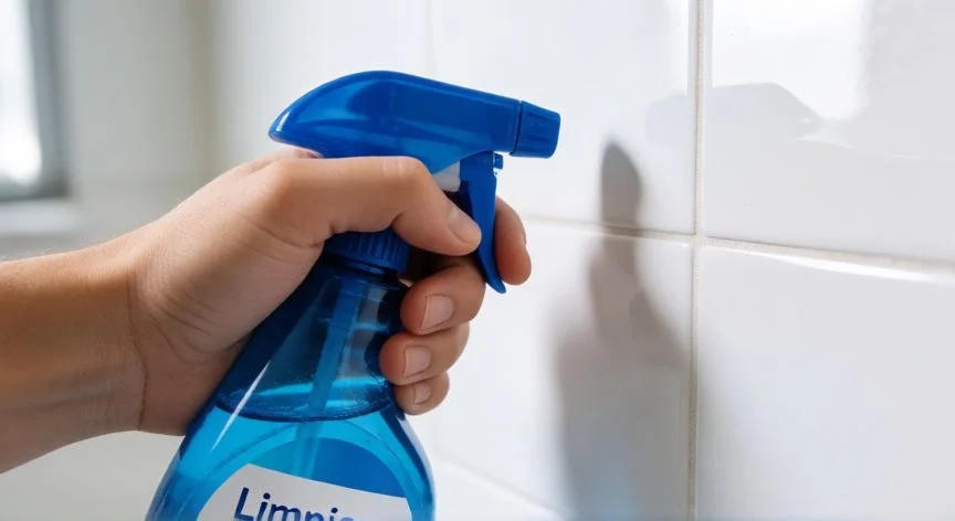 Botella de limpiador Limpiam de Mercadona frente a azulejos de baño blancos