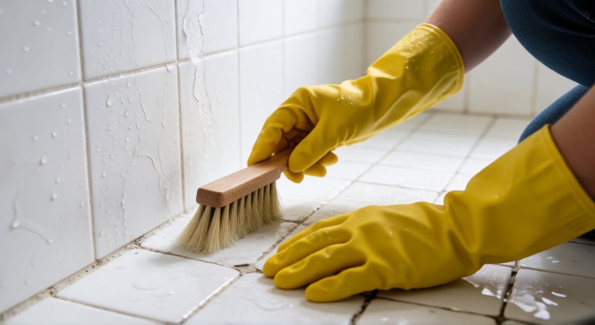 mejor producto para limpiar azulejos baño mercadona, Persona usando guantes para frotar las juntas de los azulejos del baño con un cepillo