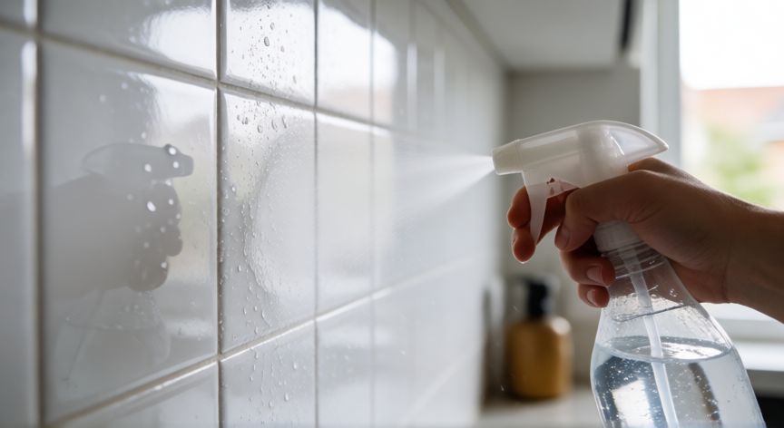 mejor producto para limpiar azulejos cocina, Aplicando limpiador en azulejos de cocina blancos