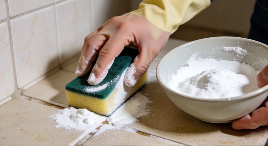 mejor producto para limpiar azulejos cocina, Limpiando juntas de azulejos con pasta de bicarbonato
