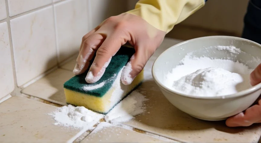 mejor producto para limpiar azulejos cocina, Limpiando juntas de azulejos con pasta de bicarbonato