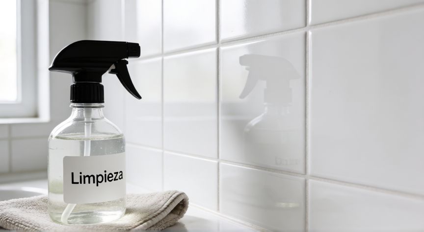 mejor producto para limpiar azulejos de baño, Botella de limpiador y paño junto a azulejos blancos de baño recién limpiados