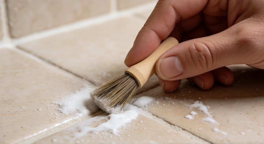 mejor producto para limpiar azulejos de baño, Manos frotando juntas de azulejos con cepillo y pasta casera de bicarbonato