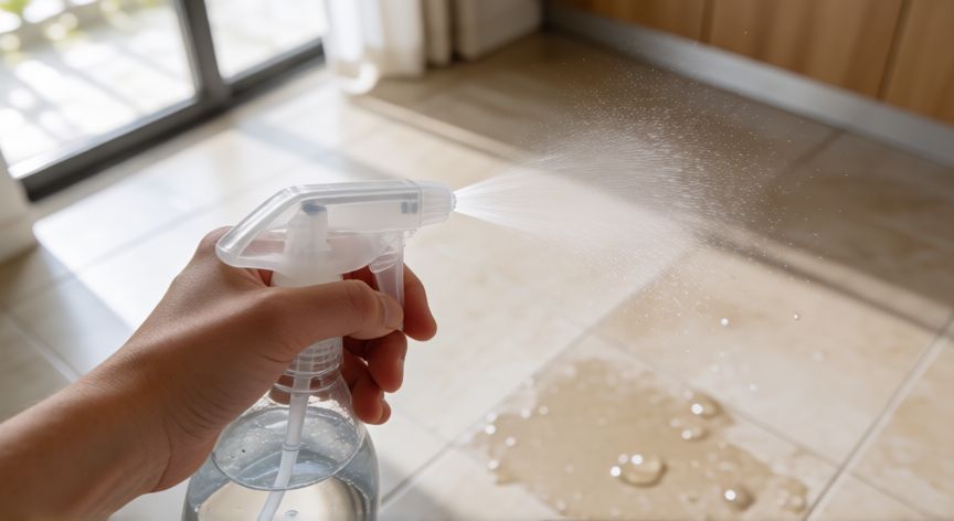 mejor producto para limpiar baldosas, Manos aplicando limpiador en aerosol sobre baldosas de cerámica en una cocina moderna