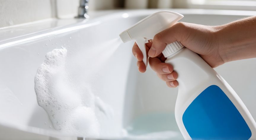 mejor producto para limpiar bañeras, Aplicando limpiador en gel sobre una bañera de acrílico blanco