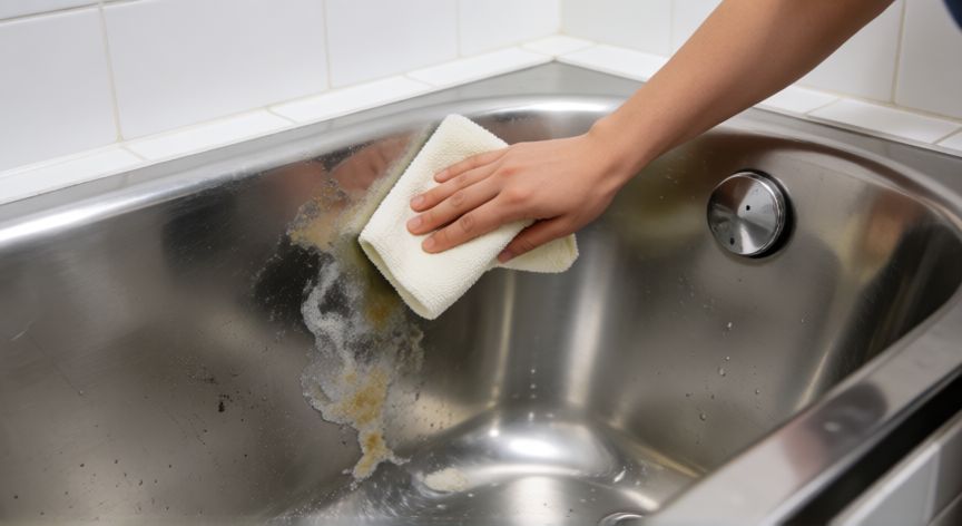 mejor producto para limpiar bañeras, Limpieza de manchas calizas en una bañera con paño de microfibra