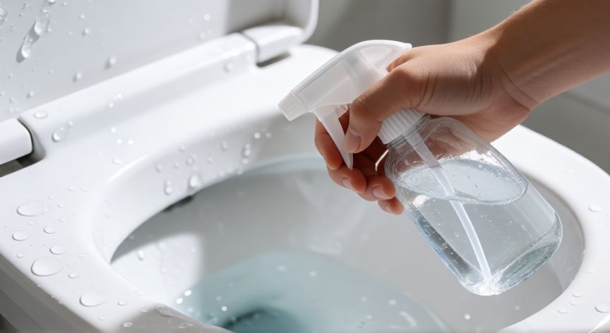 mejor producto para limpiar baños, Mano aplicando limpiador en forma de espuma sobre el inodoro para eliminar sarro.