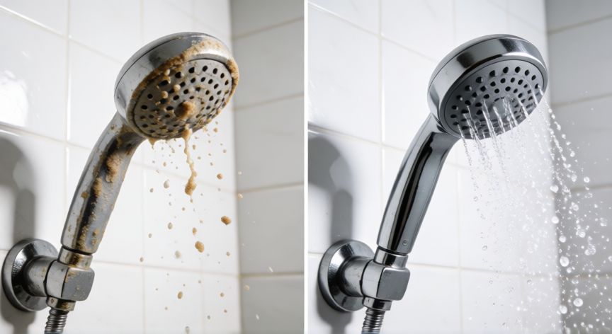 mejor producto para limpiar baños, Comparativa de una regadera con sarro antes y después de usar el mejor limpiador de baño.
