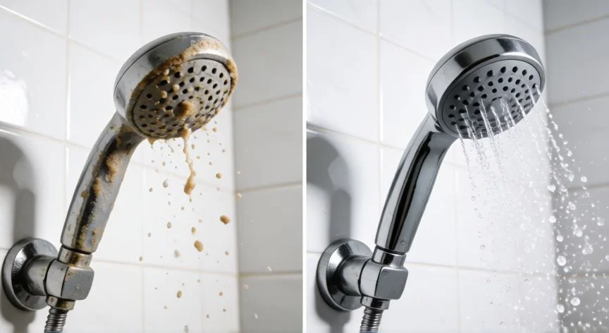 mejor producto para limpiar baños, Comparativa de una regadera con sarro antes y después de usar el mejor limpiador de baño.