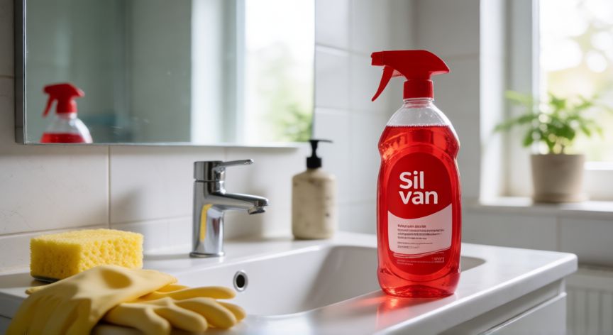 mejor producto para limpiar baños mercadona, Botella de limpiador Sil van en un baño limpio y luminoso