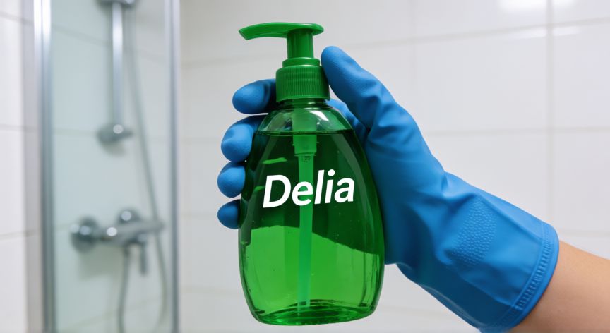 mejor producto para limpiar baños mercadona, Manos con guantes sosteniendo limpiador de baños de marca Delia