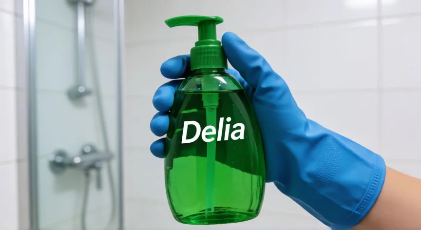 mejor producto para limpiar baños mercadona, Manos con guantes sosteniendo limpiador de baños de marca Delia