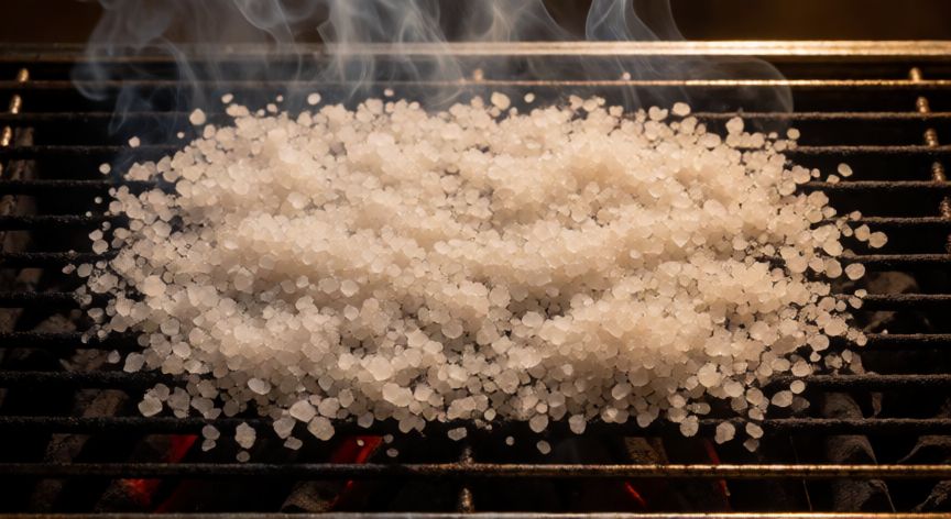 mejor producto para limpiar barbacoa, Sal gruesa espolvoreada sobre la rejilla de una barbacoa caliente para limpieza