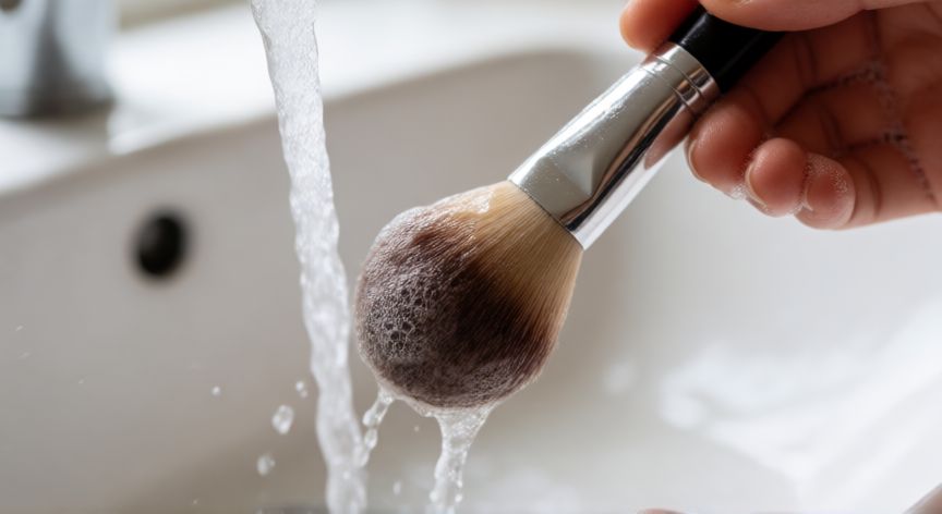 mejor producto para limpiar brochas, Limpiando una brocha de maquillaje bajo el agua con jabón