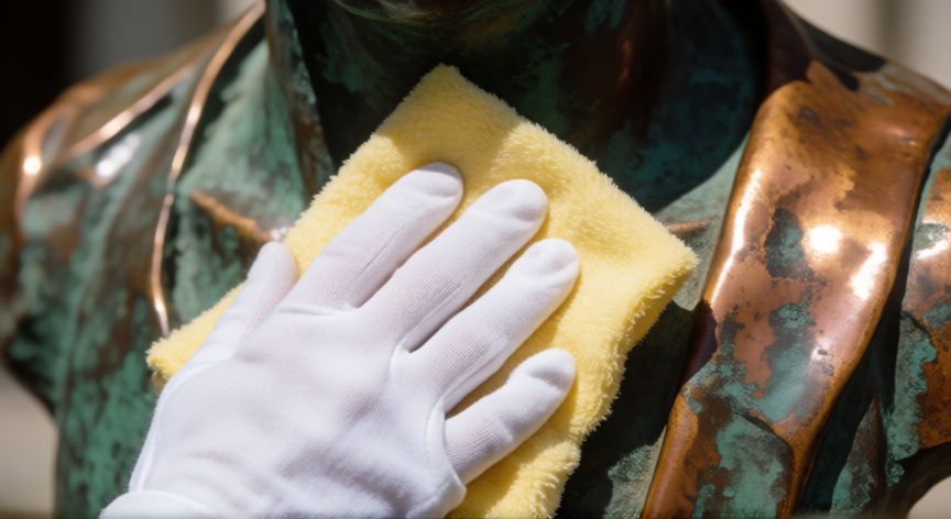 mejor producto para limpiar bronce, Mano con guante de algodón limpiando una escultura de bronce antiguo