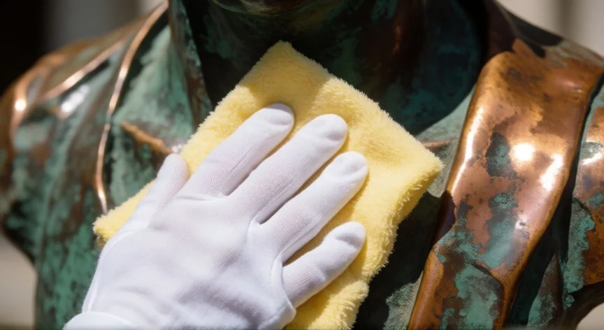 Mano con guante de algodón limpiando una escultura de bronce antiguo