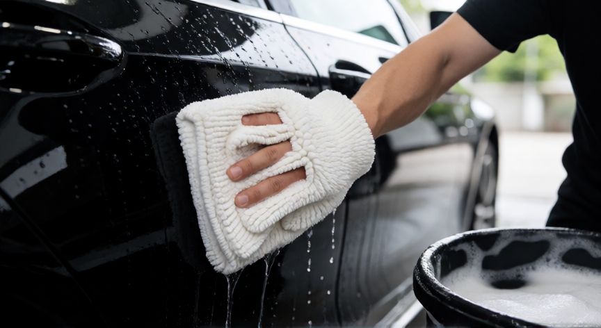 mejor producto para limpiar carroceria coche, Mano con guante de microfibra limpiando carrocería negra brillante con espuma