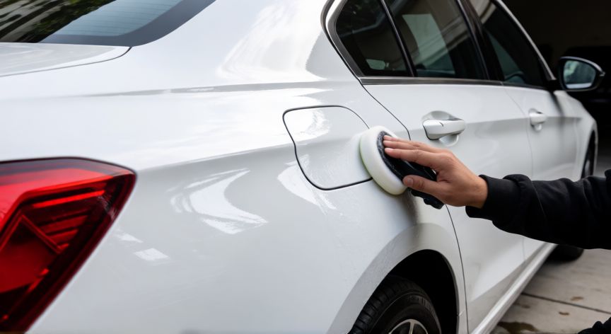 mejor producto para limpiar carroceria coche, Aplicando sellante protector en la carrocería de un coche blanco brillante