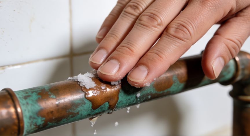 mejor producto para limpiar cobre, Manos aplicando limpiador casero sobre tubería de cobre con pátina