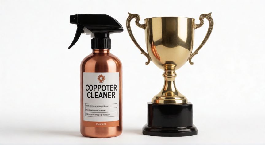 mejor producto para limpiar cobre, Botella de limpiador comercial junto a trofeo de cobre pulido y brillante