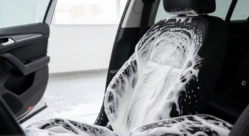 mejor producto para limpiar coche por dentro, Tapicería de asientos de coche cubiertos de espuma limpiadora durante la limpieza profunda