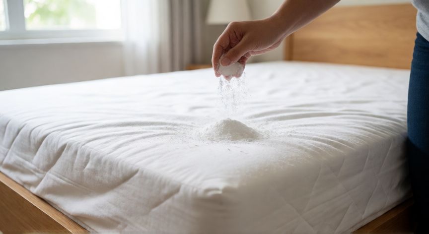 mejor producto para limpiar colchones, Aplicando bicarbonato de sodio sobre un colchón blanco para limpiarlo