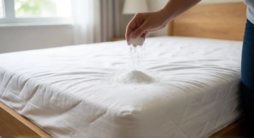 Aplicando bicarbonato de sodio sobre un colchón blanco para limpiarlo