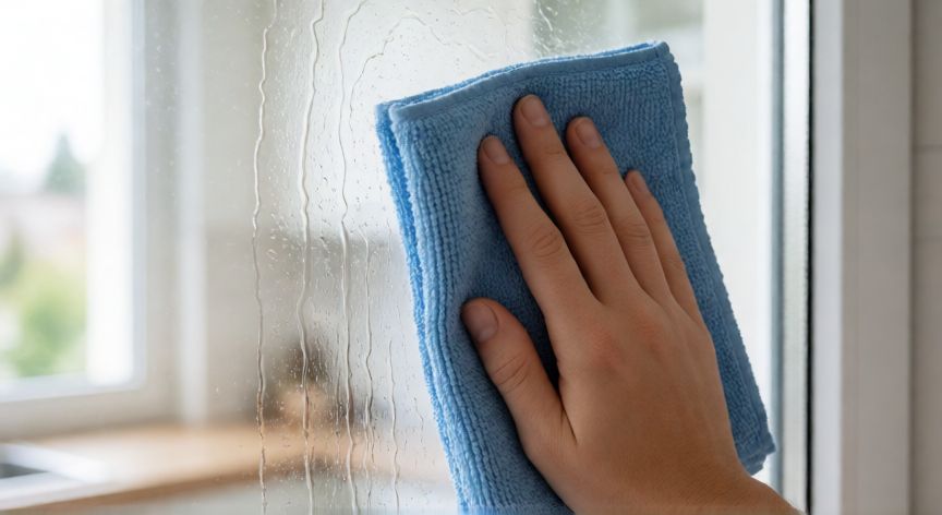 mejor producto para limpiar cristales, Mano limpiando un cristal con trapo de microfibra azul