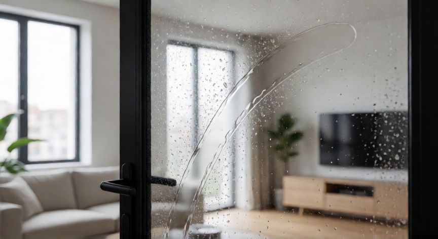 mejor producto para limpiar cristales, Ventana de cristal con gotas de agua siendo limpiada con luz lateral