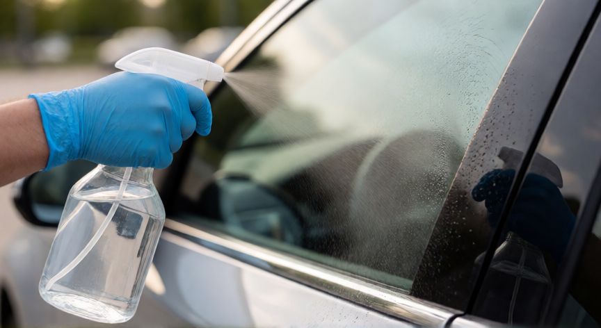 mejor producto para limpiar cristales coche, Aplicando limpiacristales profesional en la ventanilla lateral de un coche