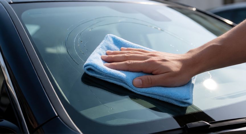 mejor producto para limpiar cristales coche, Limpiando el parabrisas con un paño de microfibra para eliminar estelas