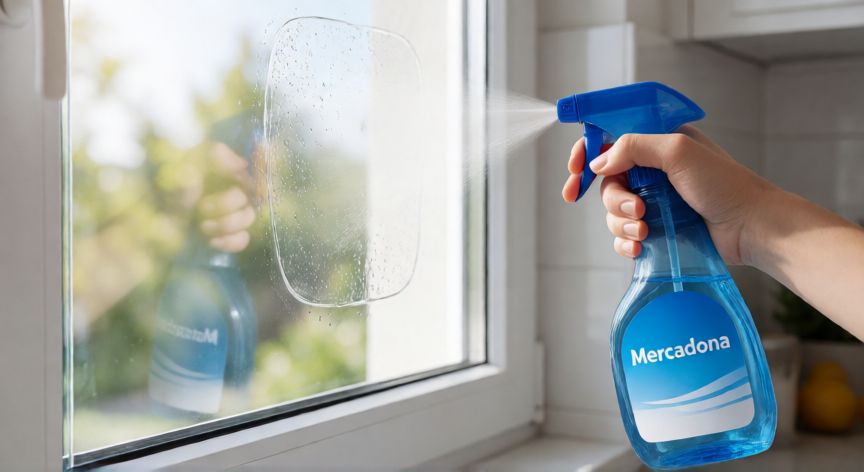 mejor producto para limpiar cristales mercadona, Limpiacristales de Mercadona siendo aplicado en una ventana limpia