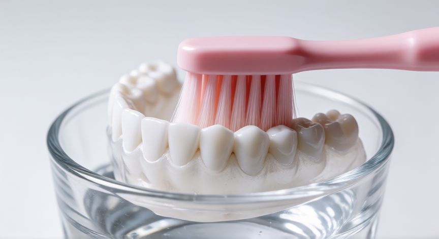 mejor producto para limpiar dentadura postiza, Cepillado suave de una dentadura postiza con cepillo específico