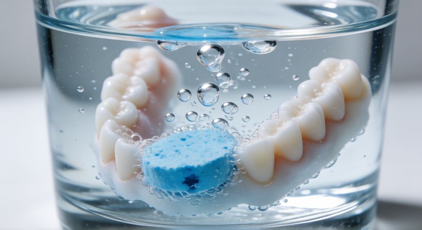 mejor producto para limpiar dentadura postiza, Dentadura postiza limpiándose en agua con tableta efervescente