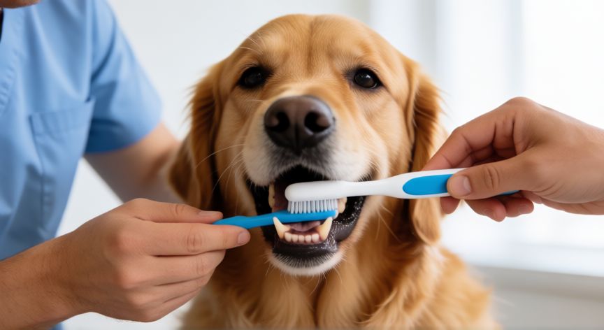 mejor producto para limpiar dientes de perro, Cepillado de dientes en perro dorado con cepillo específico