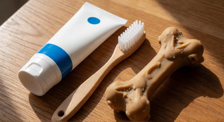 mejor producto para limpiar dientes de perro, Productos de higiene dental para perros sobre mesa de madera