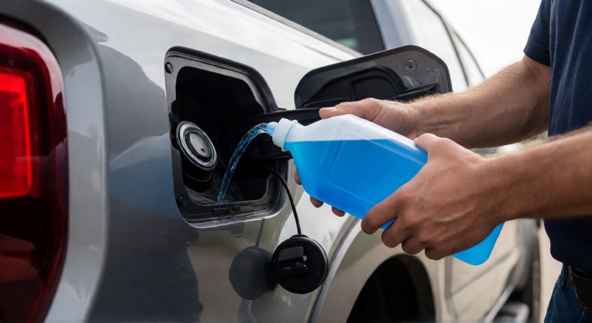 mejor producto para limpiar dpf, Mecánico añadiendo aditivo limpiador DPF al tanque de diésel
