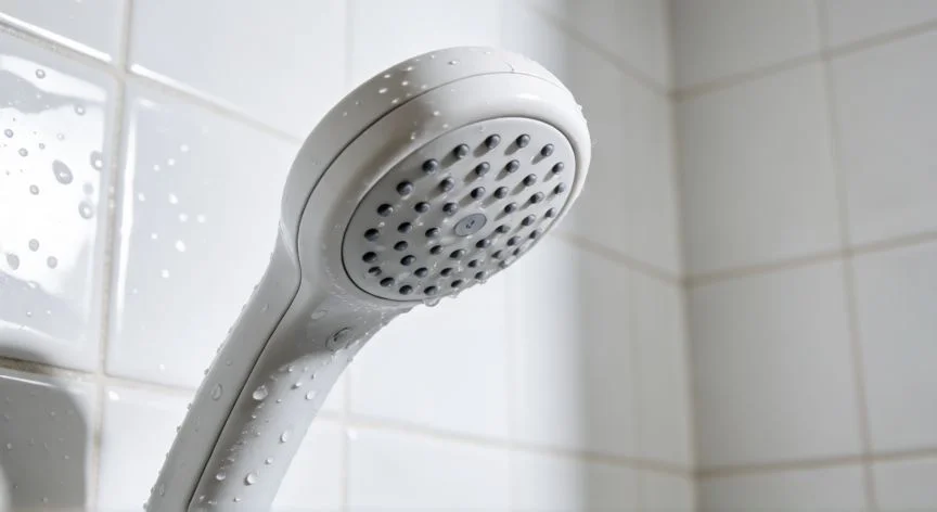 Cabeza de ducha limpia y brillante con gotas de agua