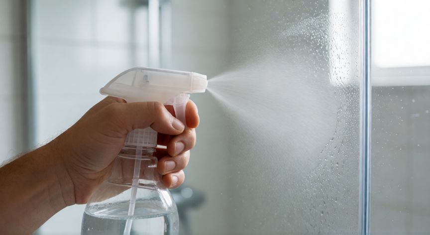 mejor producto para limpiar ducha, Persona limpiando el cristal de la ducha con un spray específico