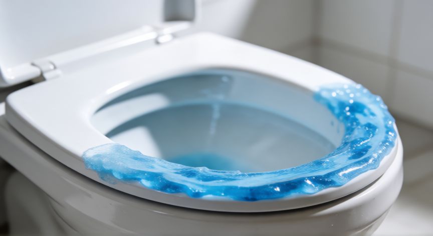 mejor producto para limpiar el baño, Limpiador en gel de color azul aplicado en el borde del inodoro blanco