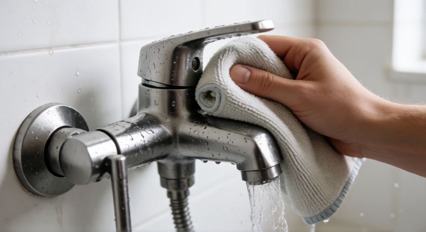 mejor producto para limpiar el baño, Mano limpiando una grifería de acero inoxidable con un paño de microfibra