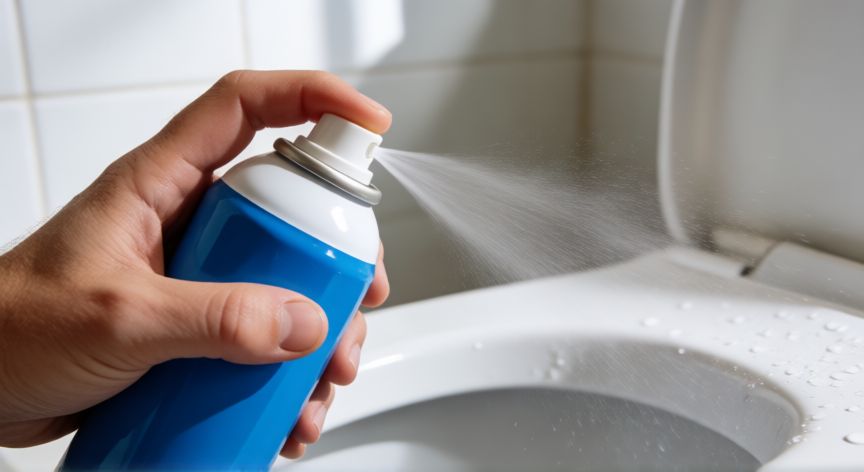 mejor producto para limpiar el baño mercadona, Mano aplicando limpiador desinfectante en aerosol sobre el borde de un inodoro blanco